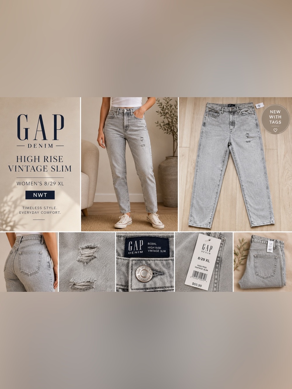 GAP High Rise Vintage Slim Jeans Women’s 8/29 XL Gray Distressed Denim NWT